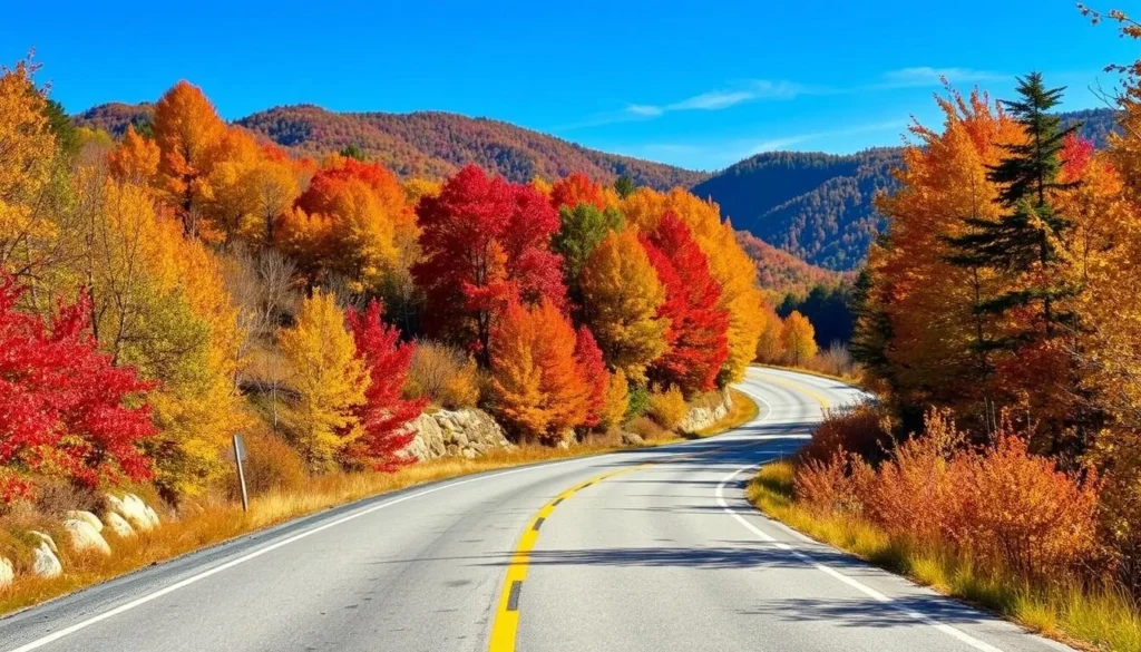 Scenic mountain road leading to Hinton, West Virginia with fall foliage
