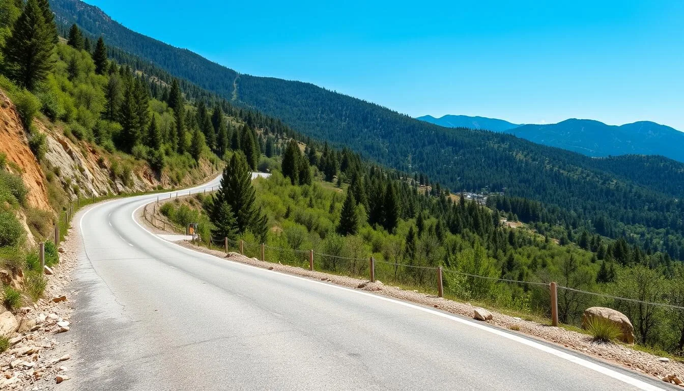 Scenic mountain road leading to Kobayat, Lebanon with lush green forests on both sides