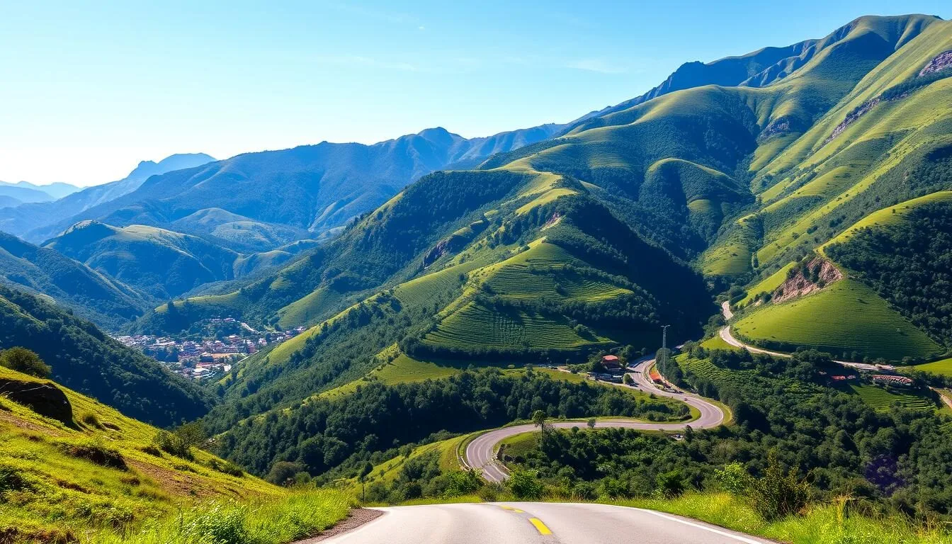 Scenic mountain road leading to Manzaniles, Colombia with coffee plantations visible on hillsides