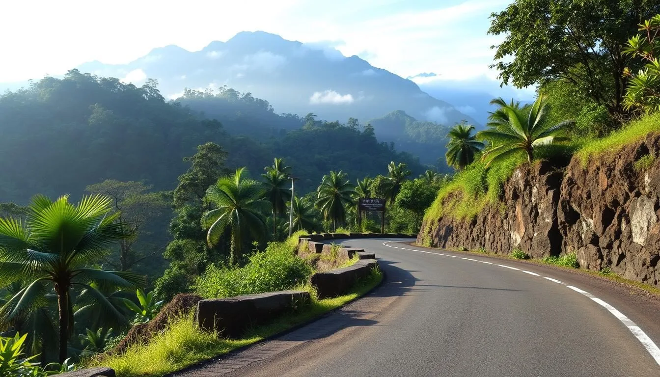 Scenic-mountain-road-leading-to-Mount-Gede-Pangrango-National-Park-entrance-with-lush-forest Scenic mountain road leading to Mount Gede Pangrango National Park entrance with lush forest surroundings