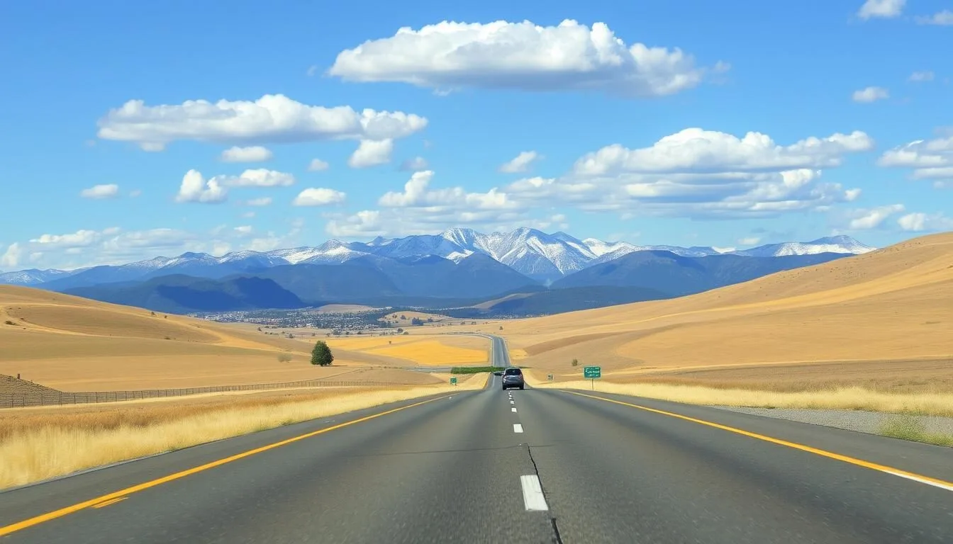 Scenic road approaching Ellensburg with Cascade Mountains in background