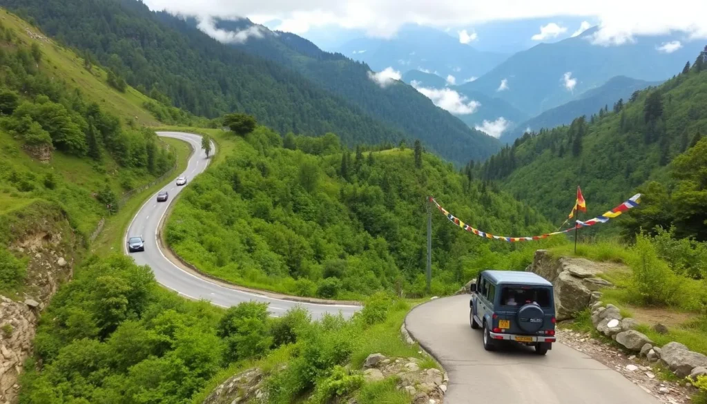 Scenic road journey through eastern Bhutan mountains en route to Merak and Sakteng