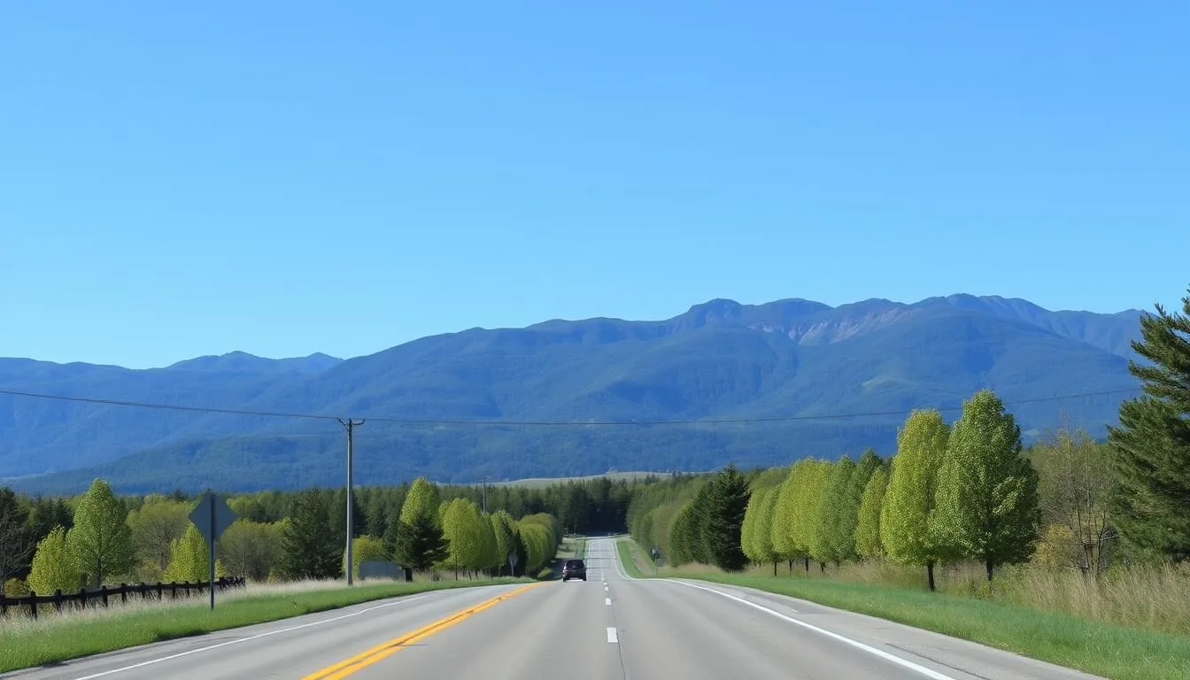 Scenic road leading into Townsend, Tennessee with the Smoky Mountains in the background