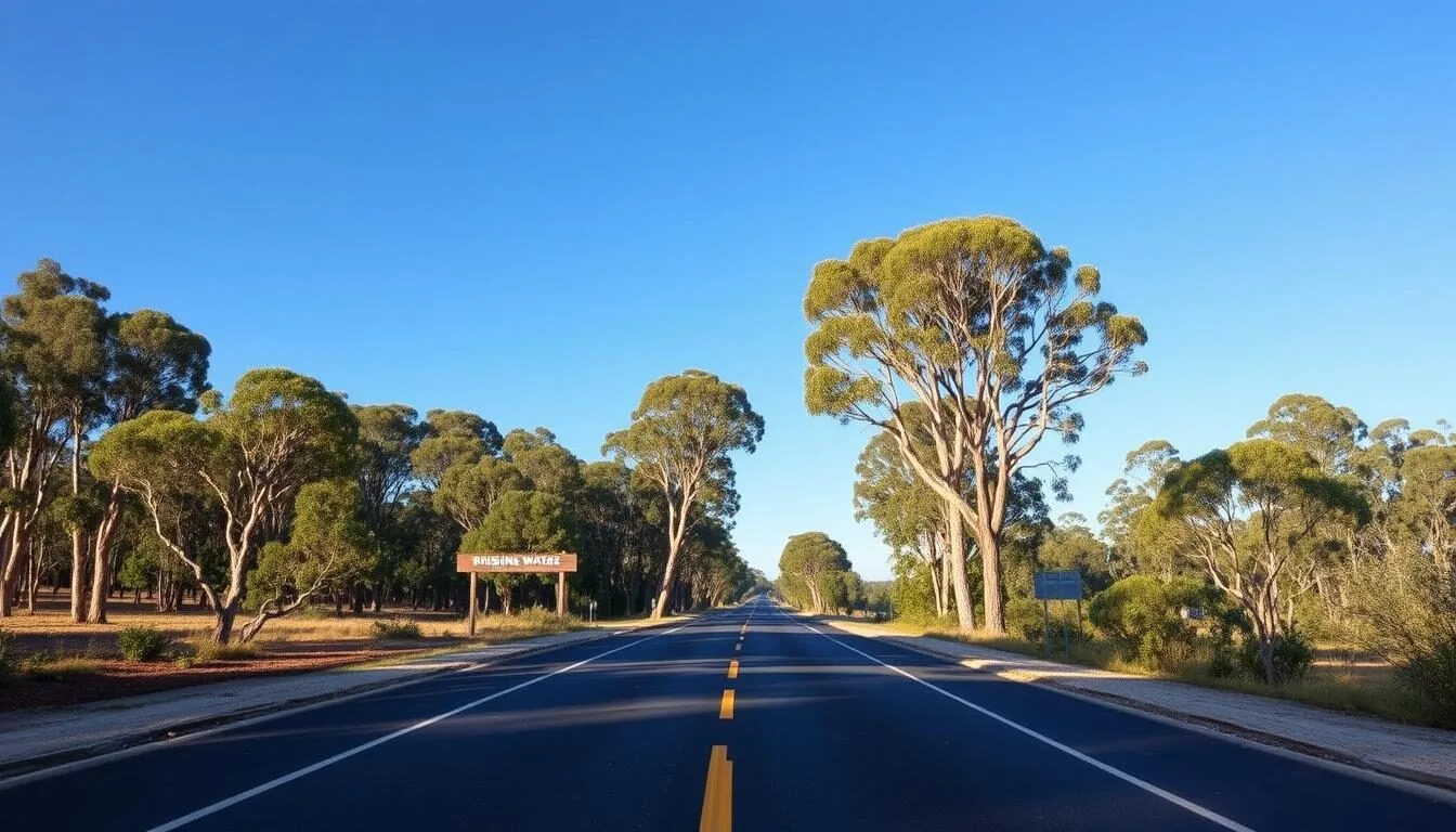 Scenic road leading to Brisbane Water National Park entrance with eucalyptus trees lining both sides