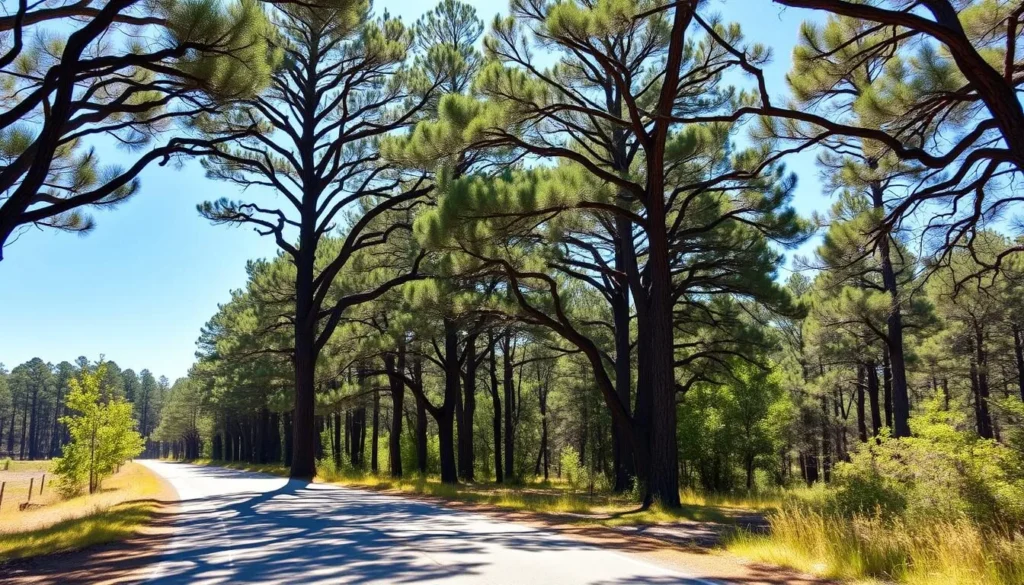 Scenic road leading to Caddo Lake State Park entrance with cypress trees lining the route Scenic road leading to Caddo Lake State Park entrance with cypress trees lining the route