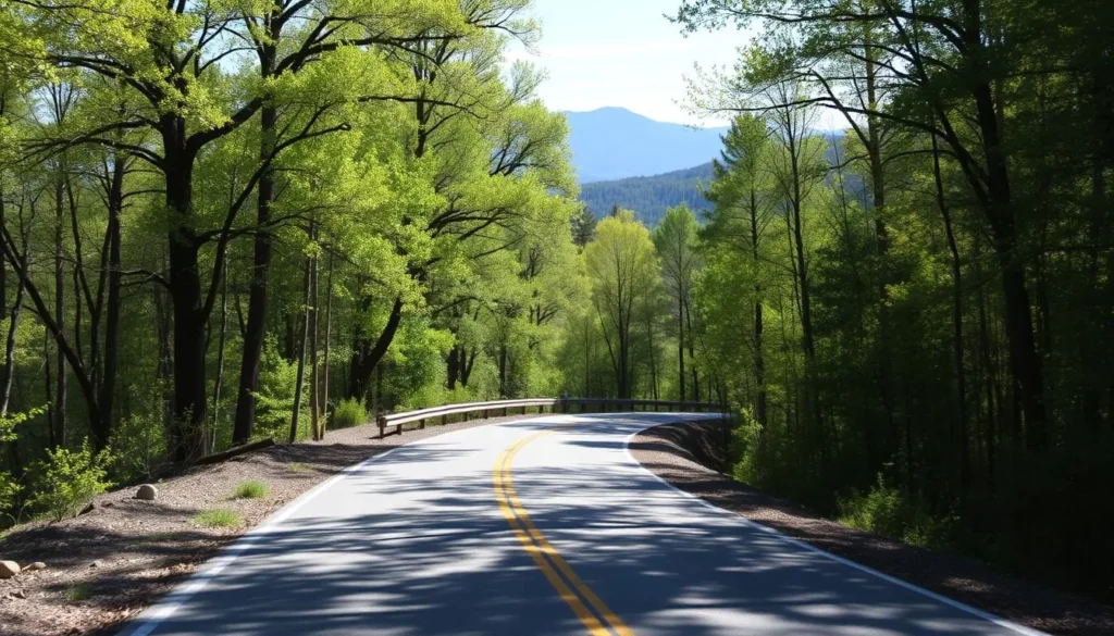 Scenic road leading to Chilhowee Lake with mountain views and forest surroundings