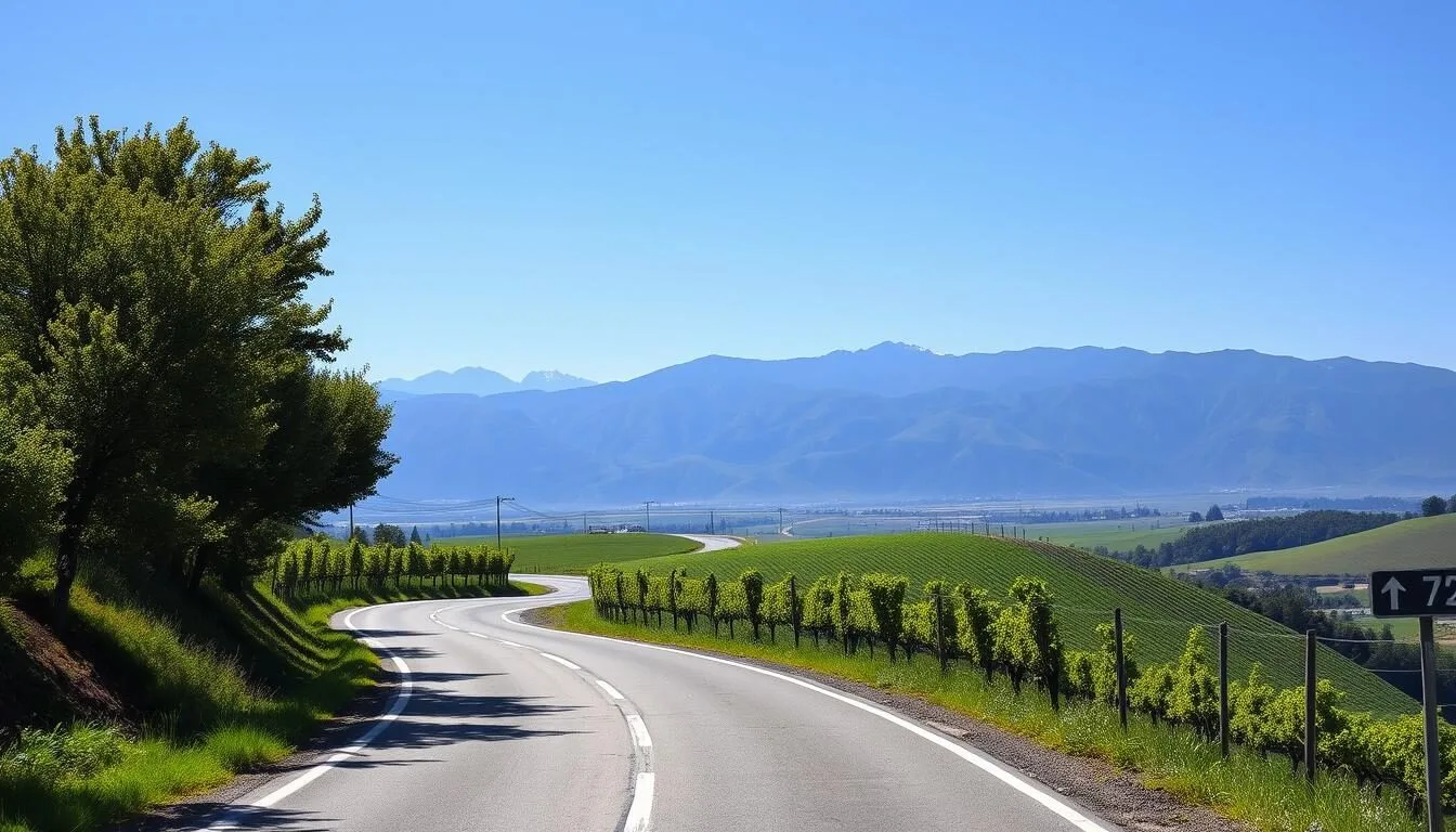 Scenic-road-leading-to-Colchagua-Valley-with-vineyards-and-mountains-in-background Scenic road leading to Colchagua Valley with vineyards and mountains in background
