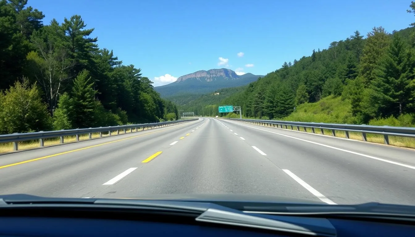 Scenic road leading to Fort Payne with mountain views and forest landscapes