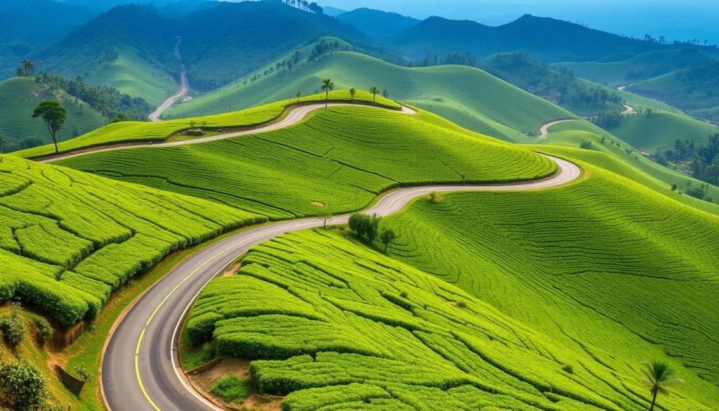 Scenic road leading to Hakgala Mountain through tea plantations in Sri Lanka's highlands Scenic road leading to Hakgala Mountain through tea plantations in Sri Lanka's highlands