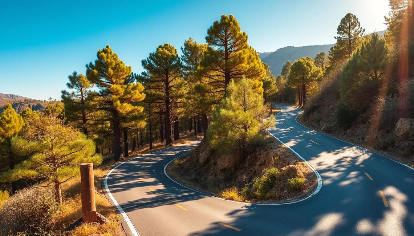 Scenic road leading to Ifrane National Park through cedar forests in Morocco