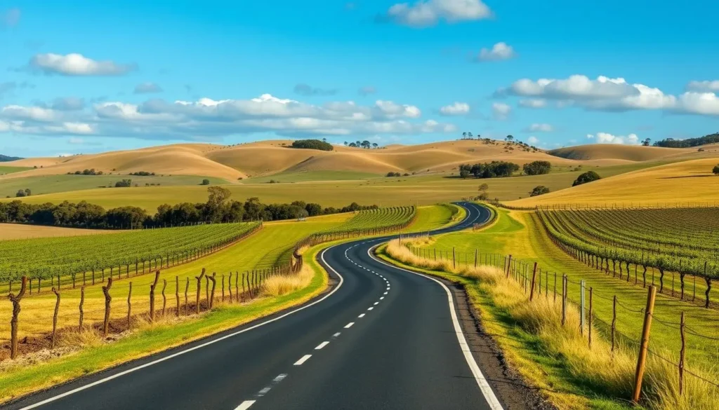 Scenic road leading to Mudgee through countryside with vineyards and hills, perfect for a road trip from Sydney Scenic road leading to Mudgee through countryside with vineyards and hills, perfect for a road trip from Sydney