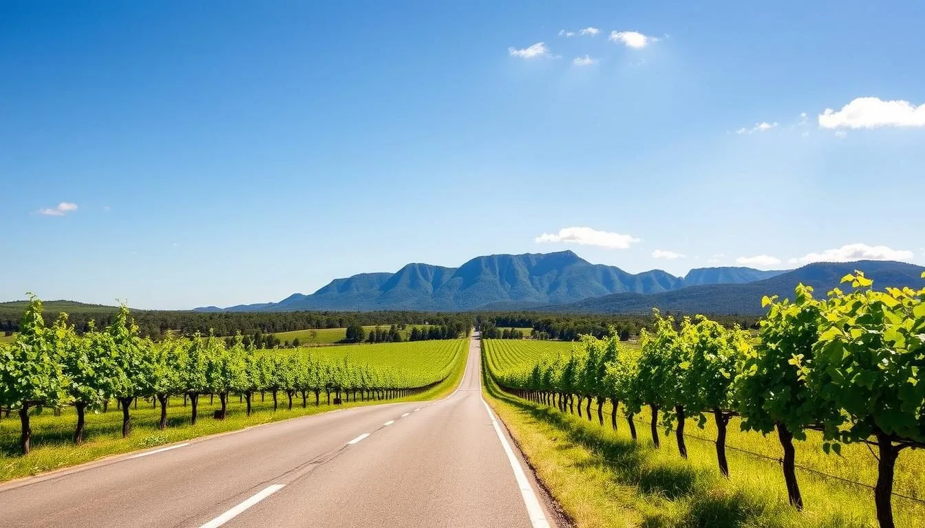 Scenic-road-leading-to-Pokolbin-with-vineyards-and-mountains-in-the-background Scenic road leading to Pokolbin with vineyards and mountains in the background