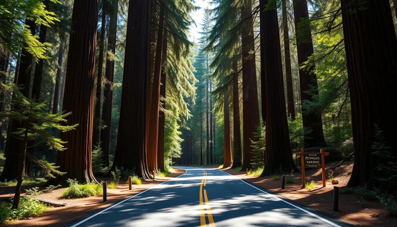 Scenic road leading to Reynolds Wayside Campground in California with redwood trees lining the route