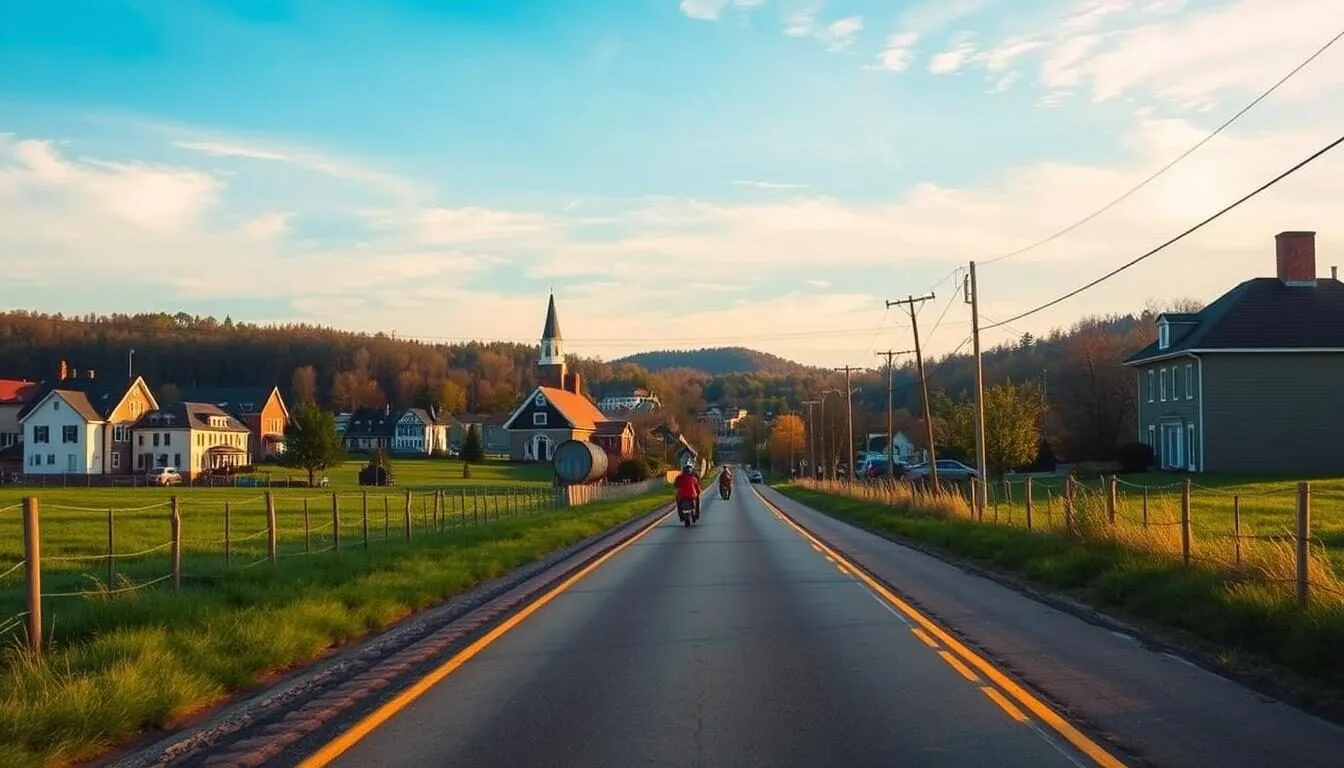 Scenic road leading to Shepherdstown with historic buildings visible in the distance on a sunny day