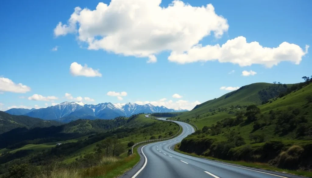 Scenic road leading to the Snowy Mountains in New South Wales with mountain views