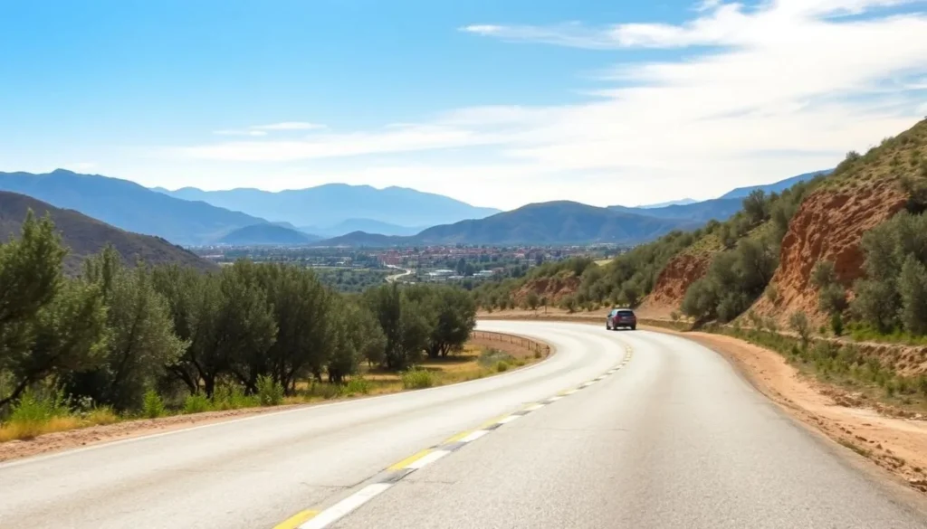 Scenic road to Ouazzane Morocco winding through olive groves and rolling hills Scenic road to Ouazzane Morocco winding through olive groves and rolling hills