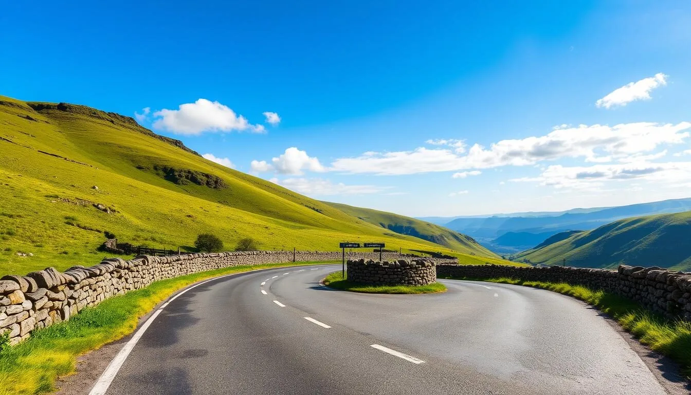 Scenic-road-winding-through-the-Peak-District-National-Park-with-rolling-hills-and-stone-walls Scenic road winding through the Peak District National Park with rolling hills and stone walls