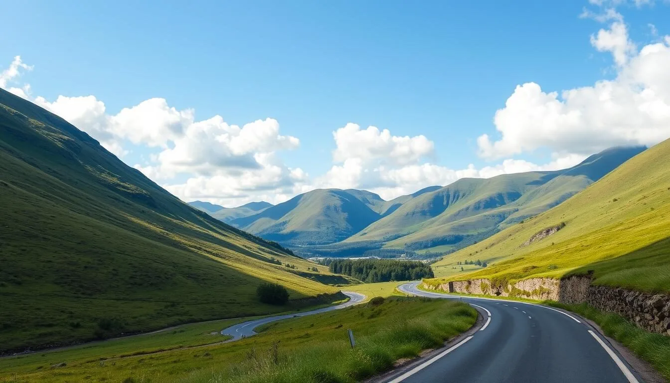 Scenic road winding through the green hills of Trossachs National Park with mountains in the background