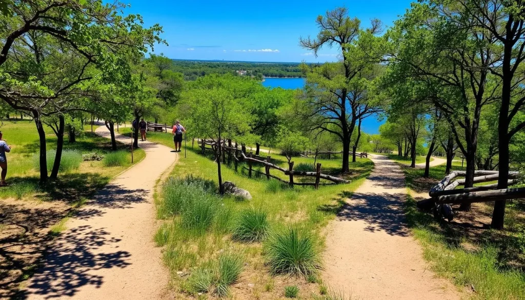 Scenic trail at Devine Lake Park in Leander with people hiking and enjoying nature