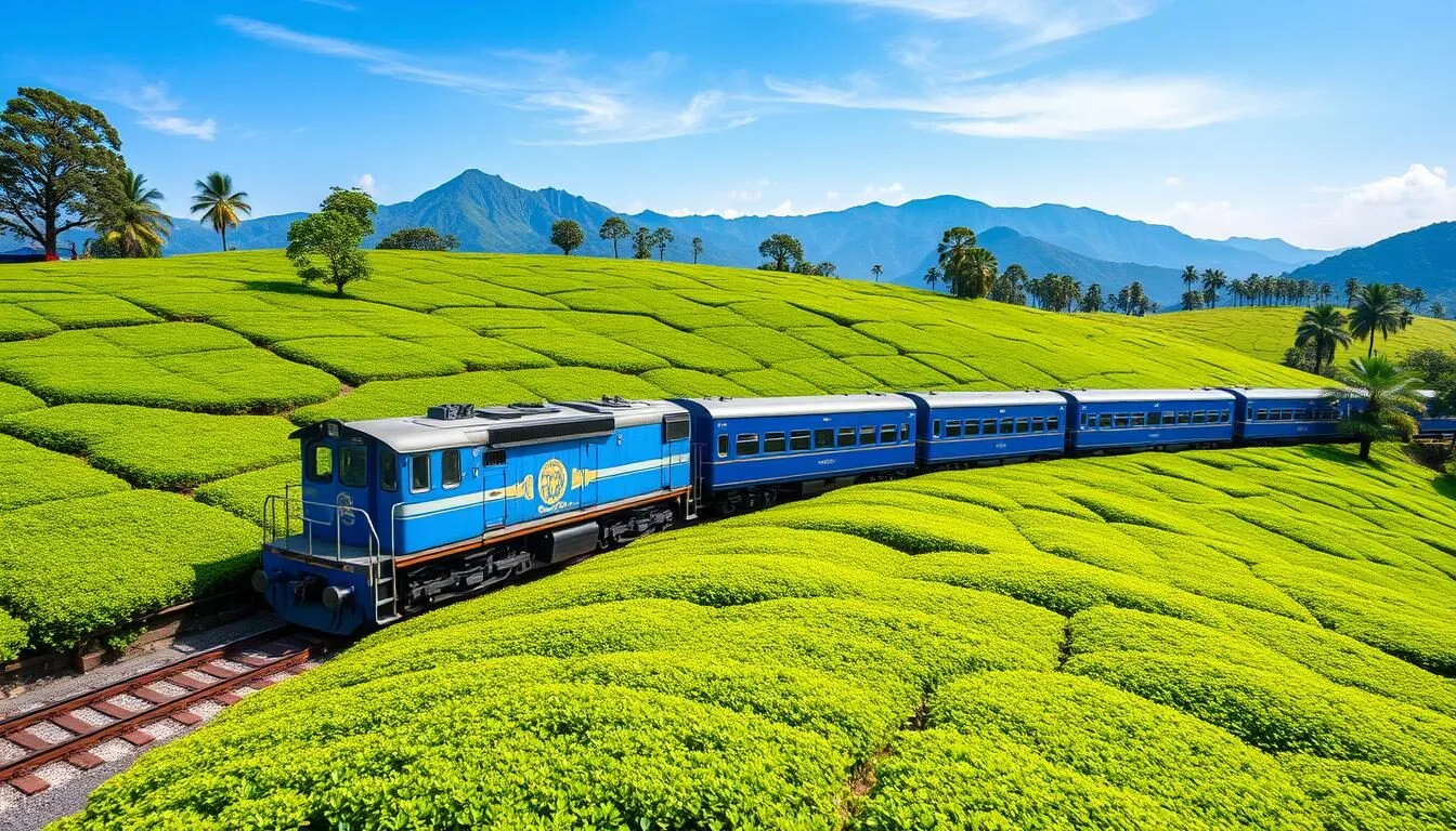 Scenic train journey through tea plantations in Nuwara Eliya, Sri Lanka