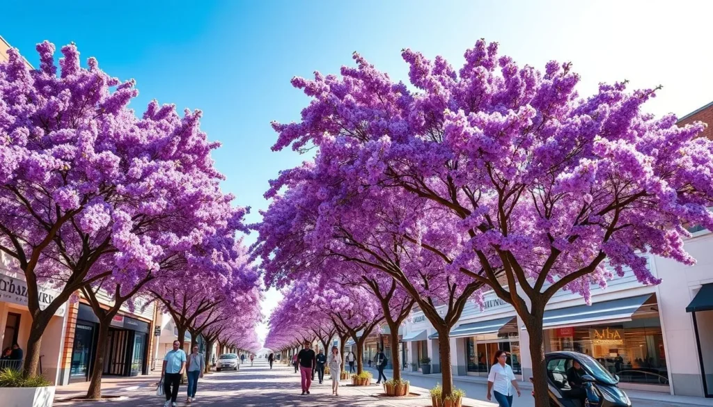 Scenic view of Abha during spring with blooming jacaranda trees lining Art Street, creating a purple canopy