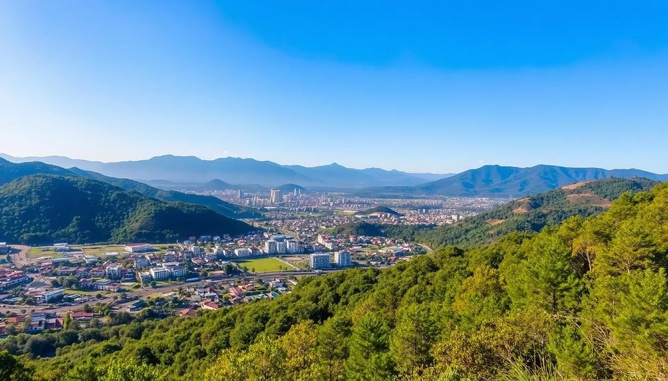 Scenic view of Bandar Lampung during dry season with clear skies and lush greenery