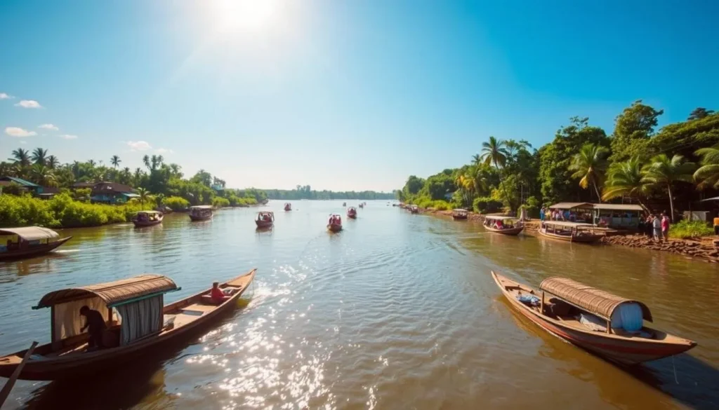 Scenic view of Banjarmasin during dry season with clear blue skies and vibrant river activity