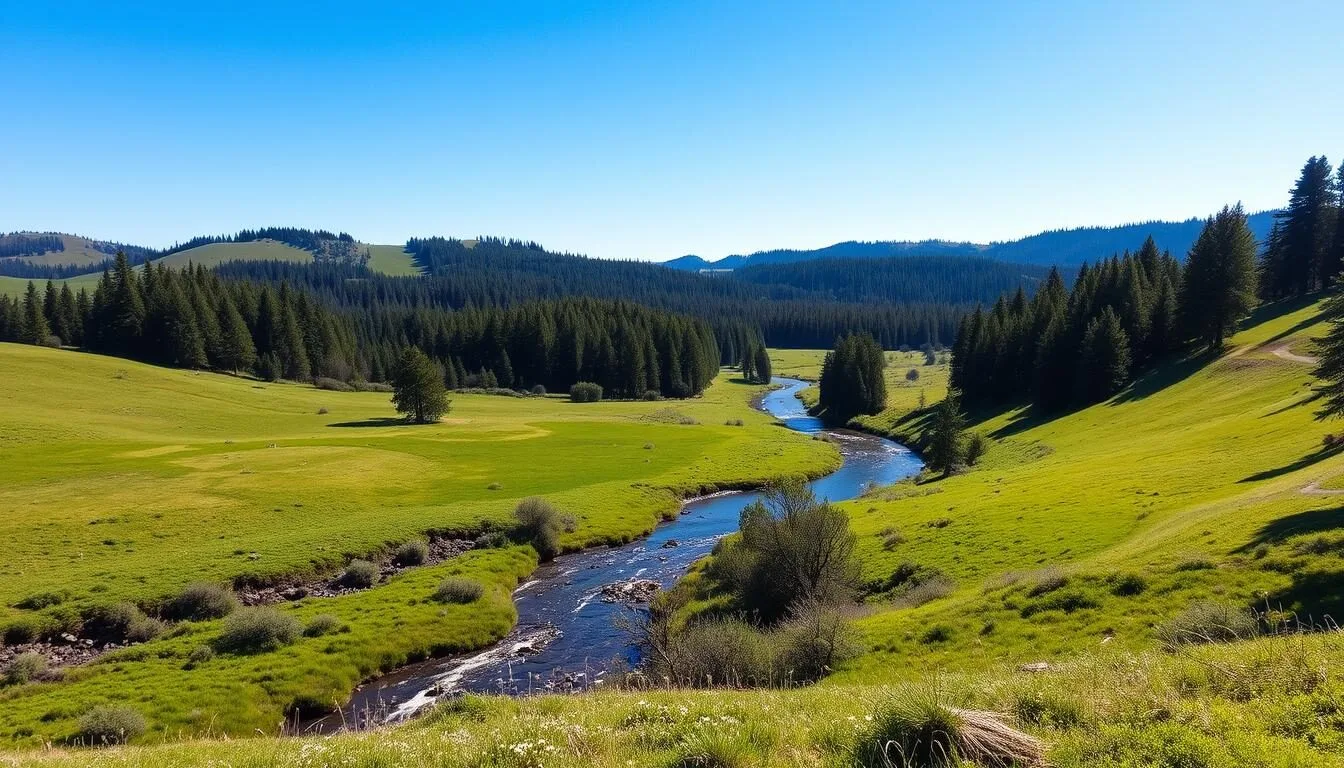 Scenic-view-of-Benbow-State-Recreation-Area-entrance-with-redwood-trees-and-mountains-in-the Scenic view of Benbow State Recreation Area entrance with redwood trees and mountains in the background