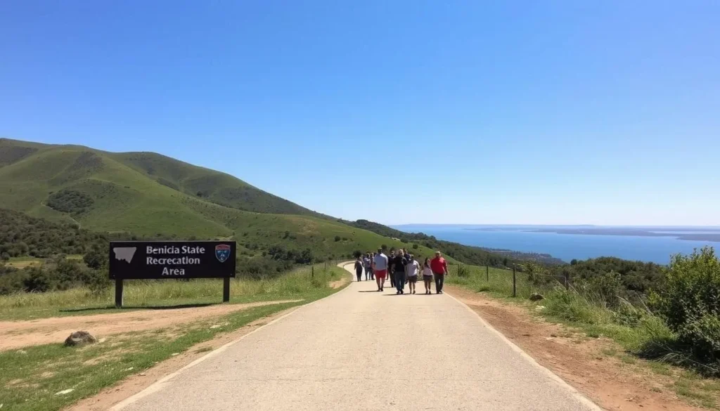Scenic view of Benicia State Recreation Area entrance area with green hills and the Carquinez Strait in the background Scenic view of Benicia State Recreation Area entrance area with green hills and the Carquinez Strait in the background