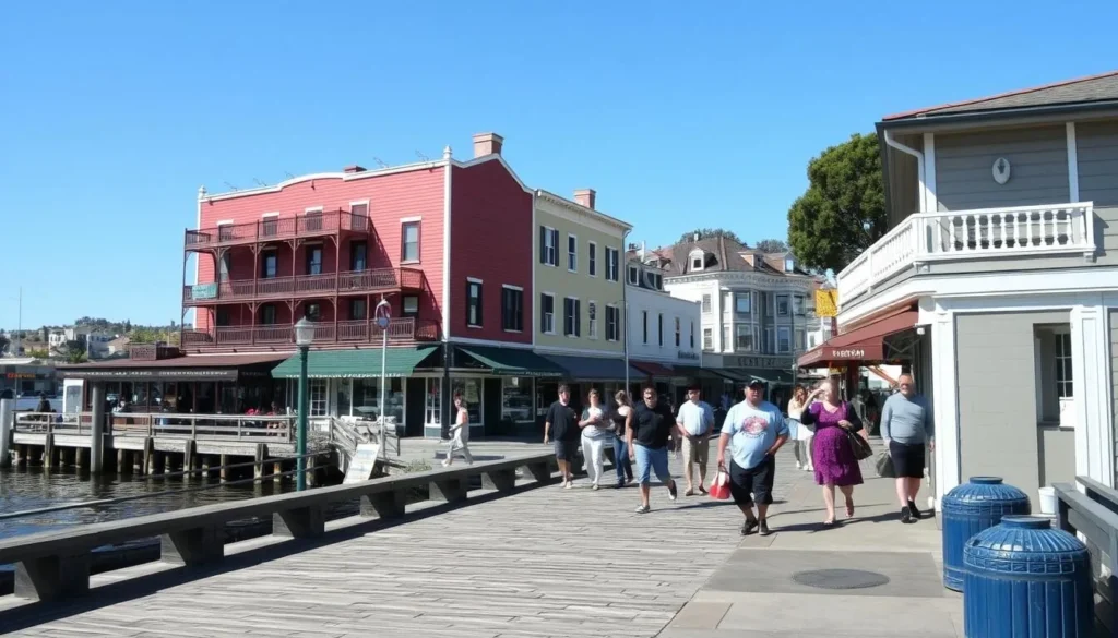 Scenic view of Benicia waterfront with historic buildings and accommodations visible along First Street Scenic view of Benicia waterfront with historic buildings and accommodations visible along First Street