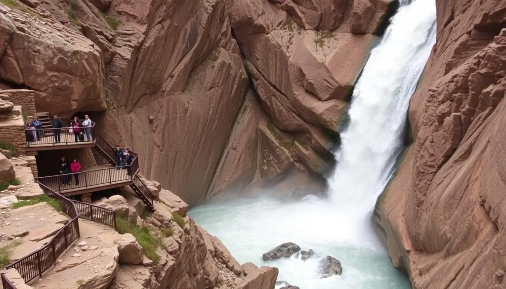 Scenic view of Box Canyon Falls in Ouray Colorado during spring runoff, showing seasonal water features