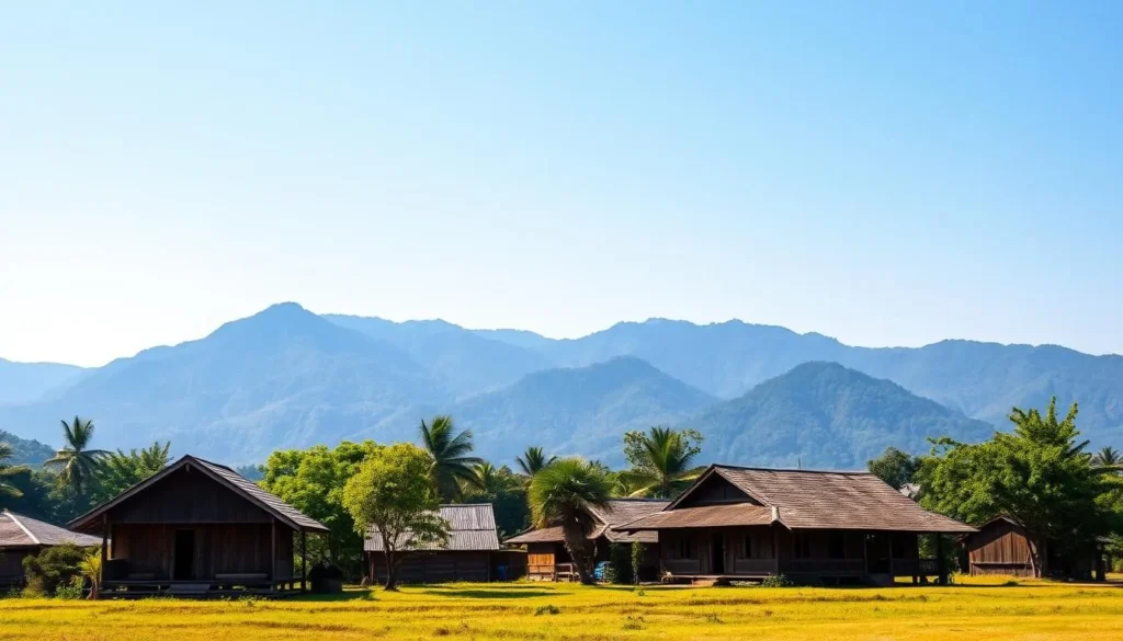 Scenic view of Champasak during dry season with clear blue skies and lush greenery
