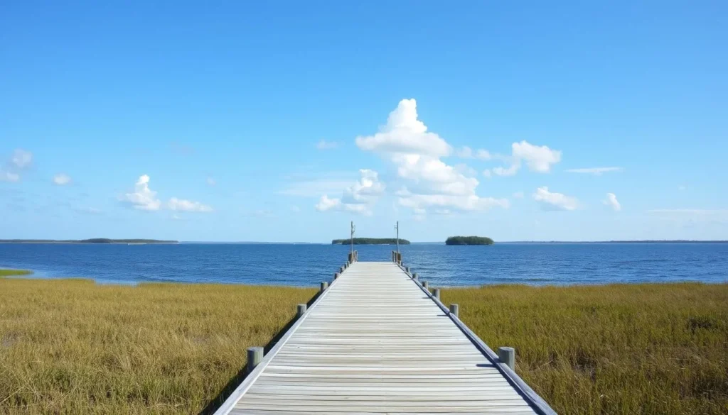 Scenic view of Charlotte Harbor from a boardwalk in the preserve showing mangroves and water Scenic view of Charlotte Harbor from a boardwalk in the preserve showing mangroves and water