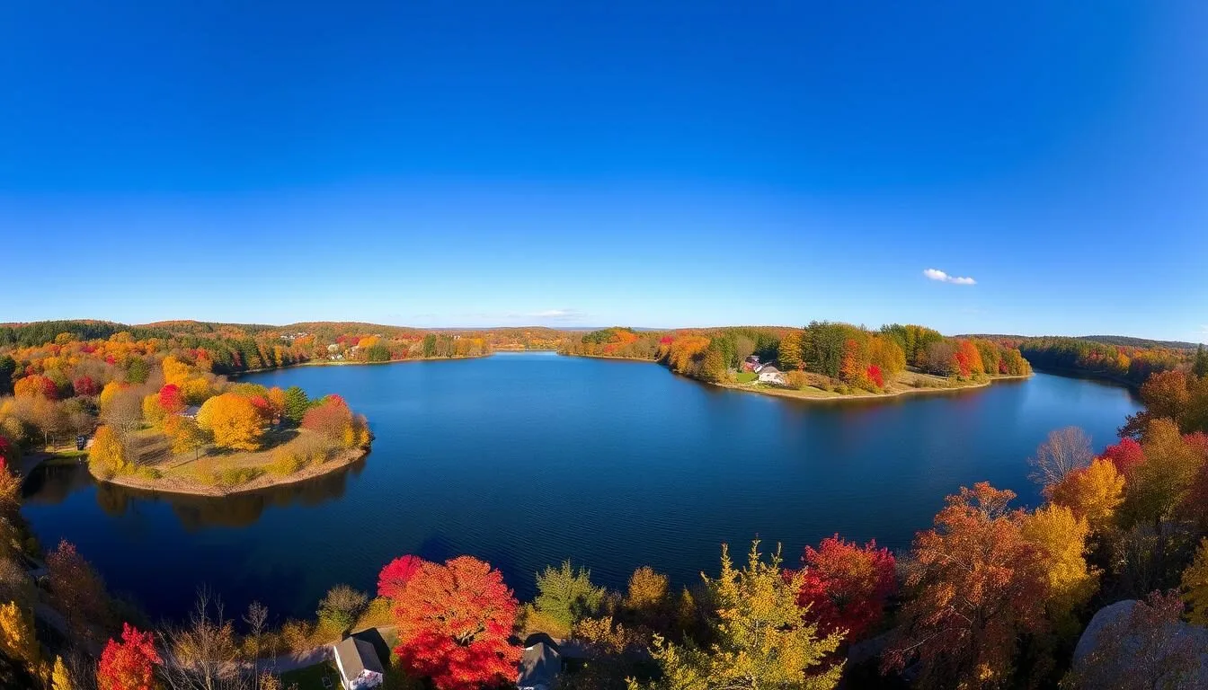 Scenic view of Coventry, Rhode Island with autumn foliage surrounding Johnson's Pond