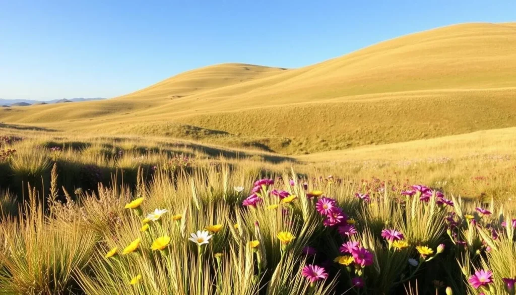 Scenic view of East Falkland's landscape during summer with wildflowers in bloom