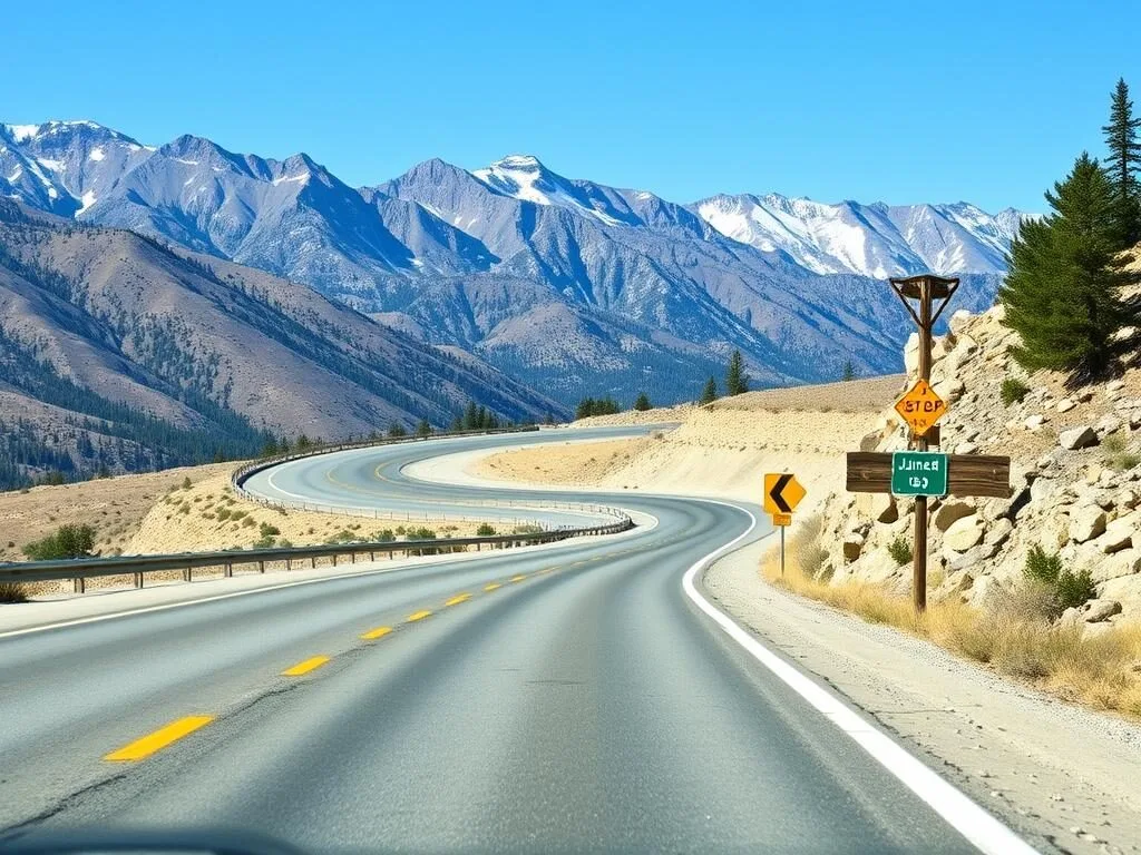 Scenic view of Highway 395 approaching June Lake Loop with mountains in background and road sign