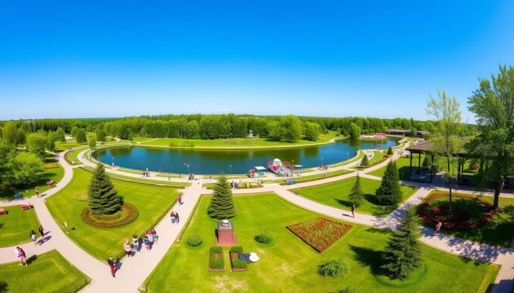 Scenic view of Island of Dreams Park in Kemerovo with lakes and greenery Scenic view of Island of Dreams Park in Kemerovo with lakes and greenery