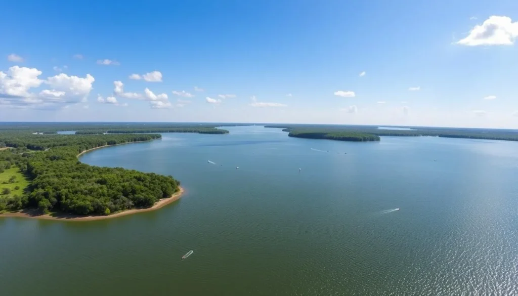 Scenic view of Joe Pool Lake from Cedar Hill State Park with boaters enjoying the water Scenic view of Joe Pool Lake from Cedar Hill State Park with boaters enjoying the water