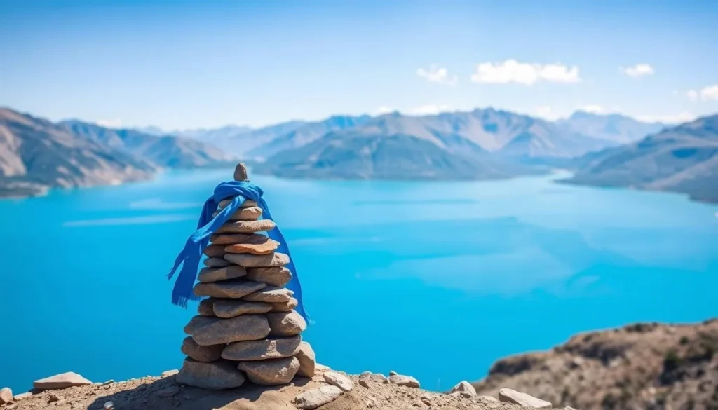 Scenic view of Lake Khubsugul with a Buddhist ovoo (sacred stone cairn) in the foreground