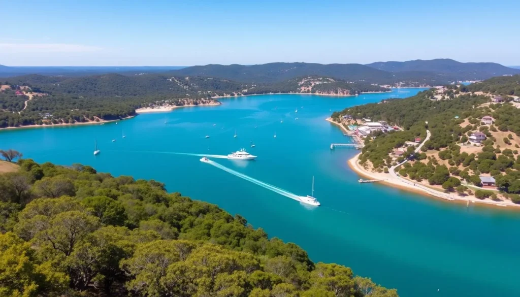 Scenic view of Lake Travis near Cedar Park on a sunny day Scenic view of Lake Travis near Cedar Park on a sunny day