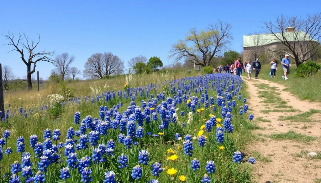 Scenic view of Leander in spring with wildflowers blooming along trails and clear blue skies