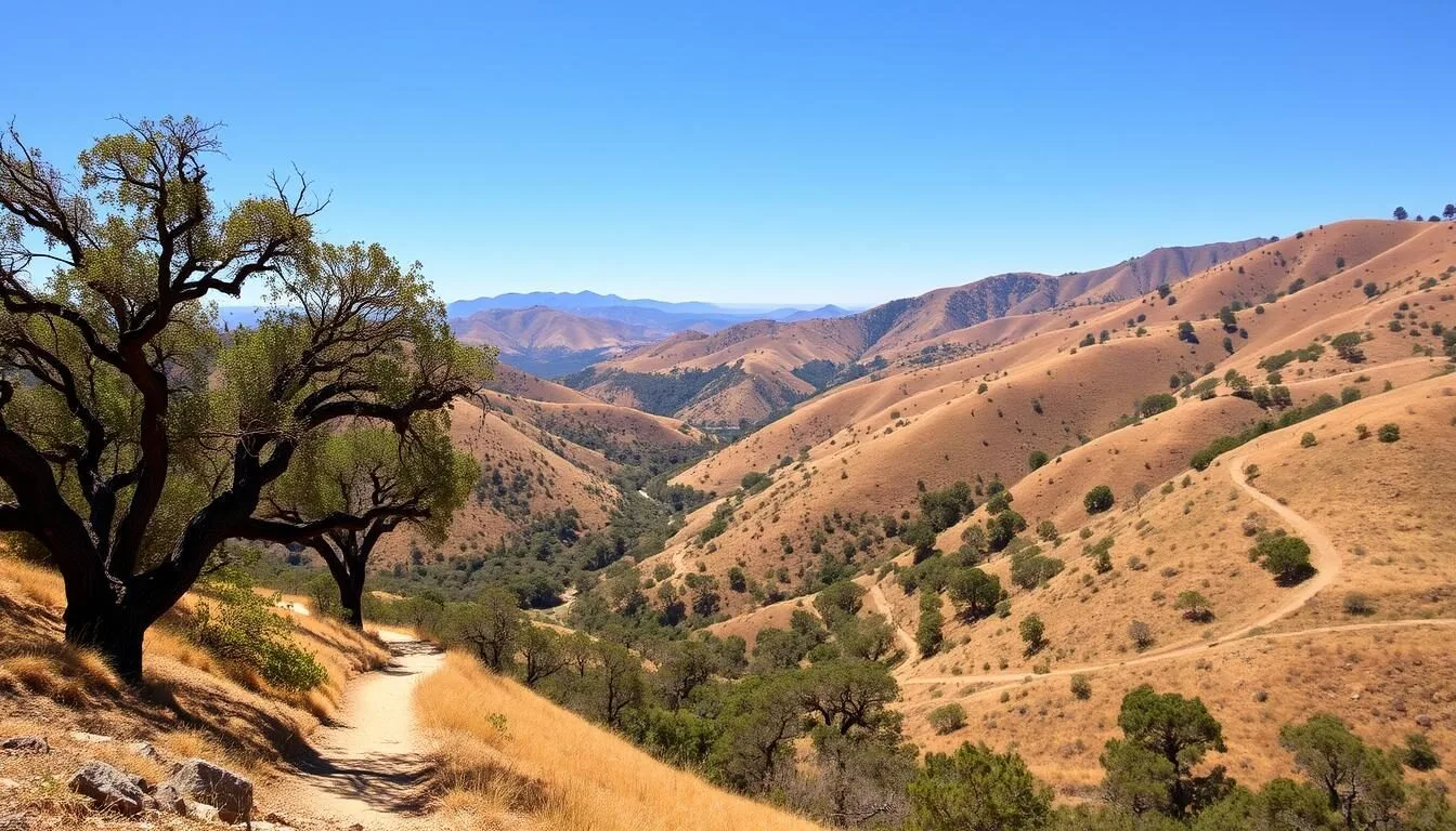 Scenic view of Malibu Creek State Park's rolling hills and mountains with hiking trails visible in the distance