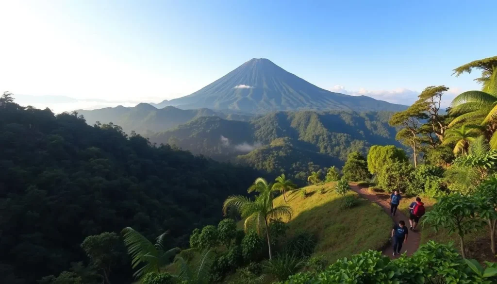 Scenic view of Mount Gede with lush forest and hiking trail - outdoor adventure near Bogor, Indonesia