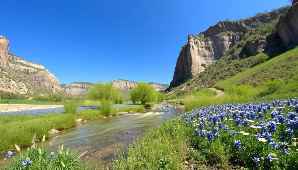 Scenic view of Paluxy River at Dinosaur Valley State Park during spring with wildflowers
