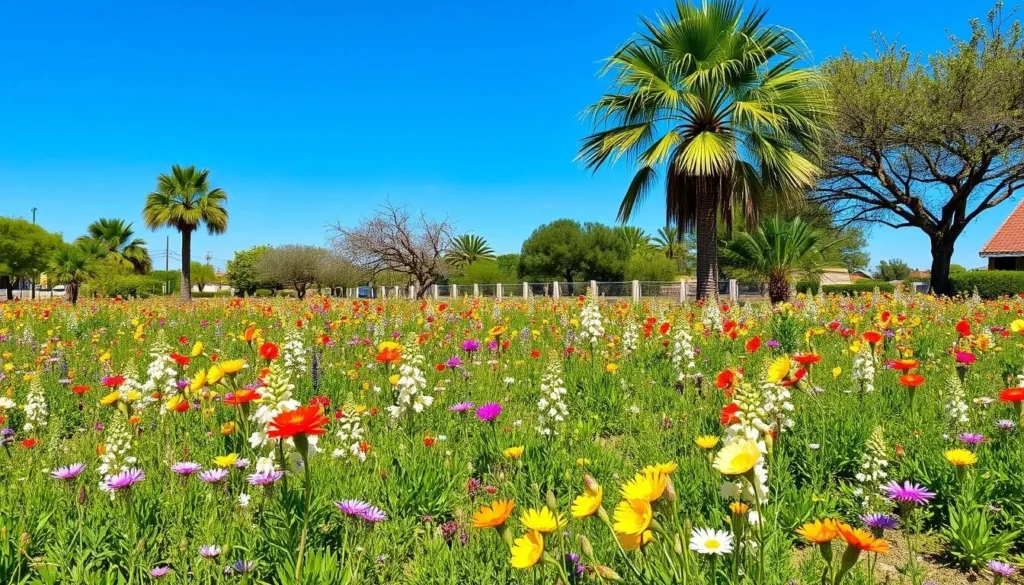 Scenic view of Pharr during spring with blooming wildflowers and clear skies Scenic view of Pharr during spring with blooming wildflowers and clear skies