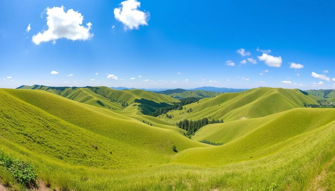 Scenic view of Phonsavan's green hills during the dry season with clear blue skies