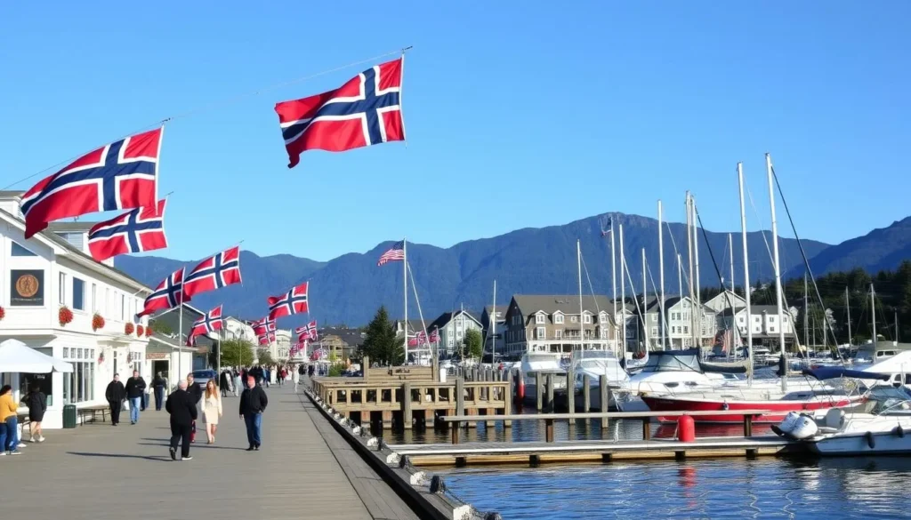 Scenic view of Poulsbo waterfront with Norwegian flags and traditional decorations
