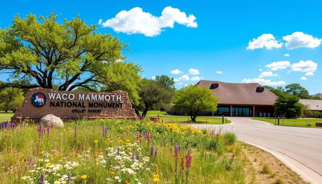 Scenic view of Waco Mammoth National Monument during spring with wildflowers in bloom