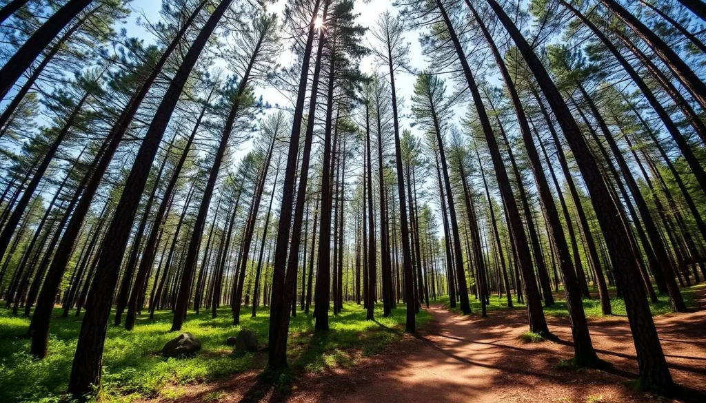 Scenic view of the Barnaul Ribbon Forest with tall pine trees and hiking trails