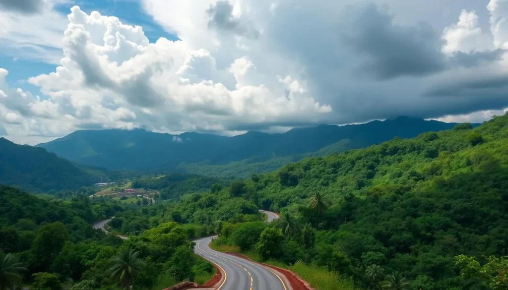 Scenic view of the Hummingbird Highway winding through mountains and jungle near Dangriga Scenic view of the Hummingbird Highway winding through mountains and jungle near Dangriga